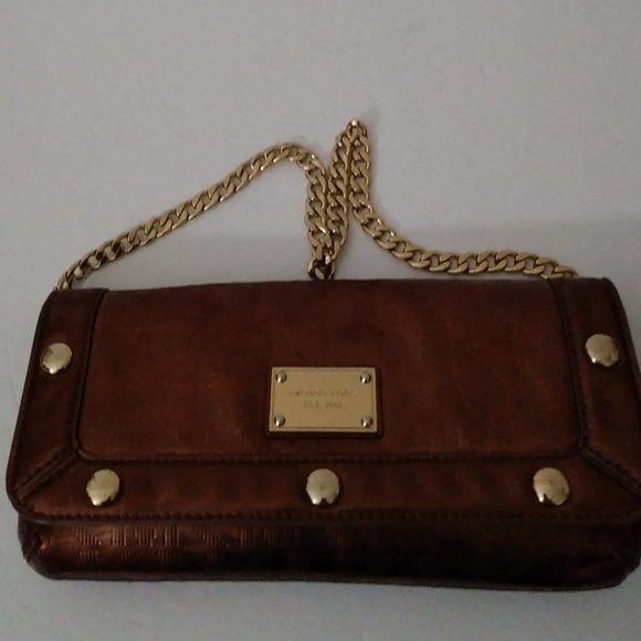 Michael Kors Bronze Shiny  Metallic Signature Bag with Gold Chain Strap - Picture 1 of 15